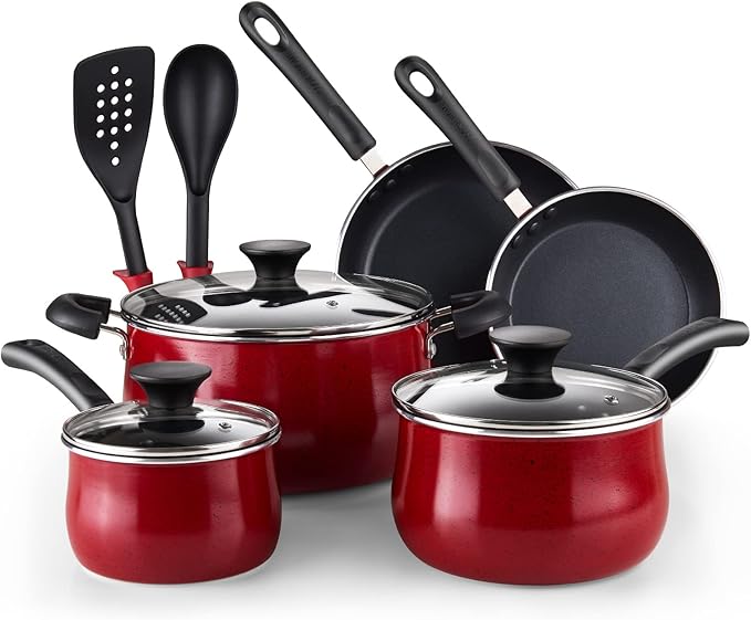 Cook N Home Pots and Pans Nonstick Cookware Set 10-Piece Belly Shape Kitchen Cooking Set with Frying Pans and Saucepans Induction Compatible Marble Red