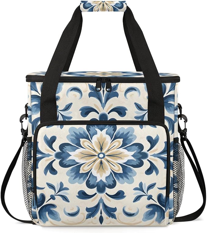 Watercolor Blue Flowers Coffee Maker Travel Bag for Keurig K-Mini/K-Mini Plus Insulated Waterproof Tote with Pockets for K-Cup Portable Single-Serve Brewer Case