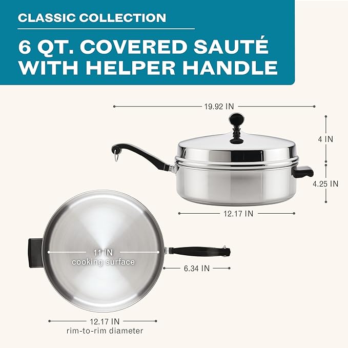 Farberware Classic Series Anniversary Edition Stainless Steel Sauté Pan and Lid with Helper Handle Induction Suitable 6 Quart Jumbo Cooker Metal Utensil Safe - Stainless Steel
