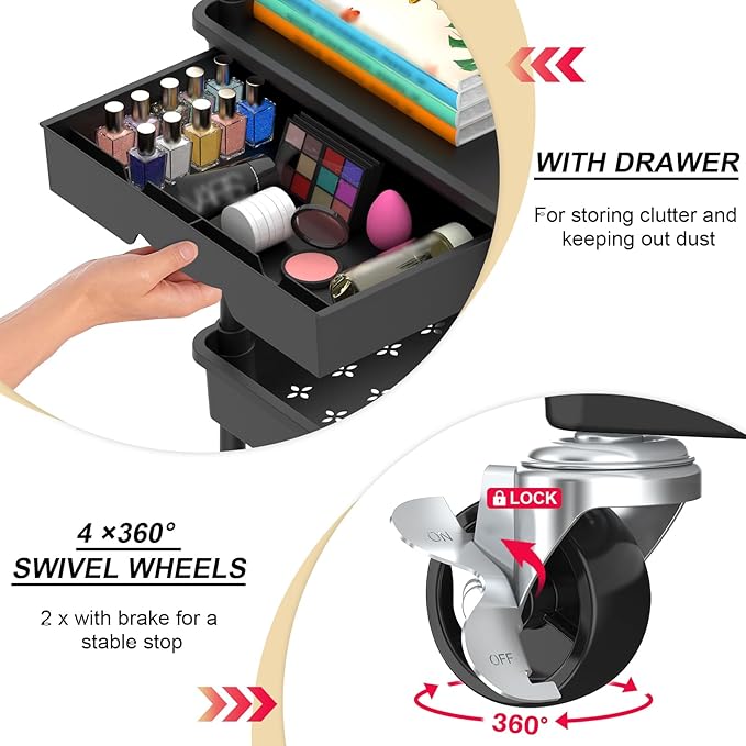 Goovilla 3 Tier Rolling Utility Cart Organizer with Removable Drawer Stable and Sturdy Black Rolling Storage Carts with 2 Lockable Wheels for Bathroom Kitchen Snack Craft Makeup Baby Essentials