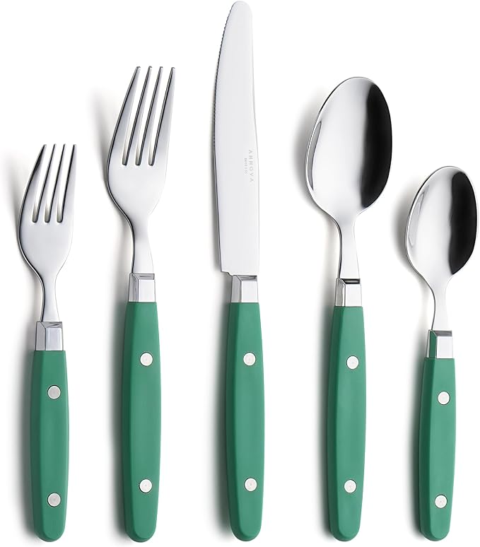 ANNOVA Silverware Set Retro/Rivet Colorful Stainless Steel Tableware Kitchen Flatware Set Utensils Includes Dinner Knives Forks Spoons Salad Forks &amp Dessert Spoons (Green 20 Pieces)