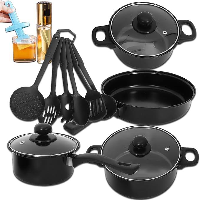 7-Piece Non-Stick Aluminum Cookware Set - Pots and Pans Pot &amp Pan Sets Nonstick with Lids for Frying Boiling Stewing &amp Sauteing (Black)