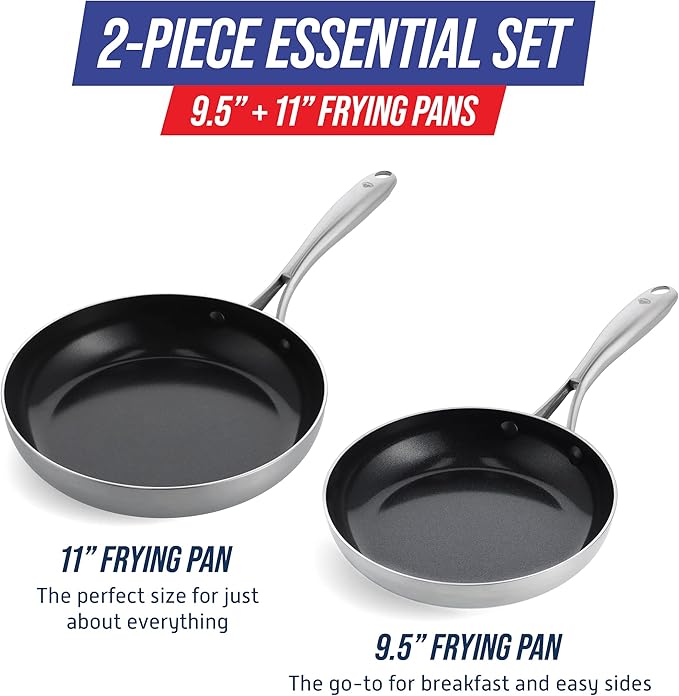 Blue Diamond HD Stainless Steel Clad Pro 2-Piece 9.5 and 11 Frypan Skillet Set Diamond Infused Ceramic Nonstick PFAS-Free Dishwasher Safe Oven and Broiler Safe Silver