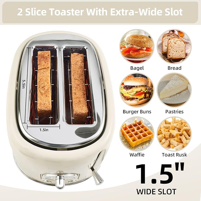 Retro Stainless Steel Toaster - 2 Slice Extra-Wide Slot 6 Adjustable Settings Removable Crumb Tray Defrost Cancel Reheat (Cream)
