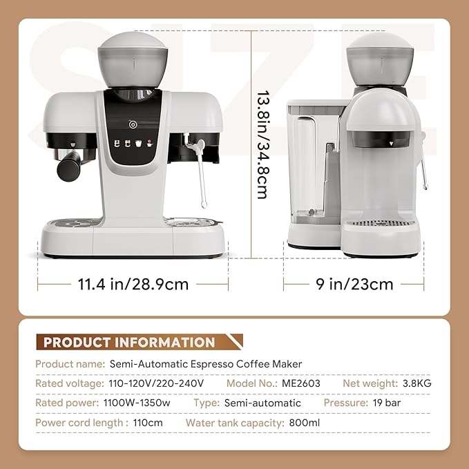 20 Bar Espresso Machine with Grinder &amp Steam Wand - Semi Automatic Coffee Maker NTC Intelligent Temp Control 58mm Stainless Steel Portafilter One-Touch Panel for Home Barista (Removable Water T