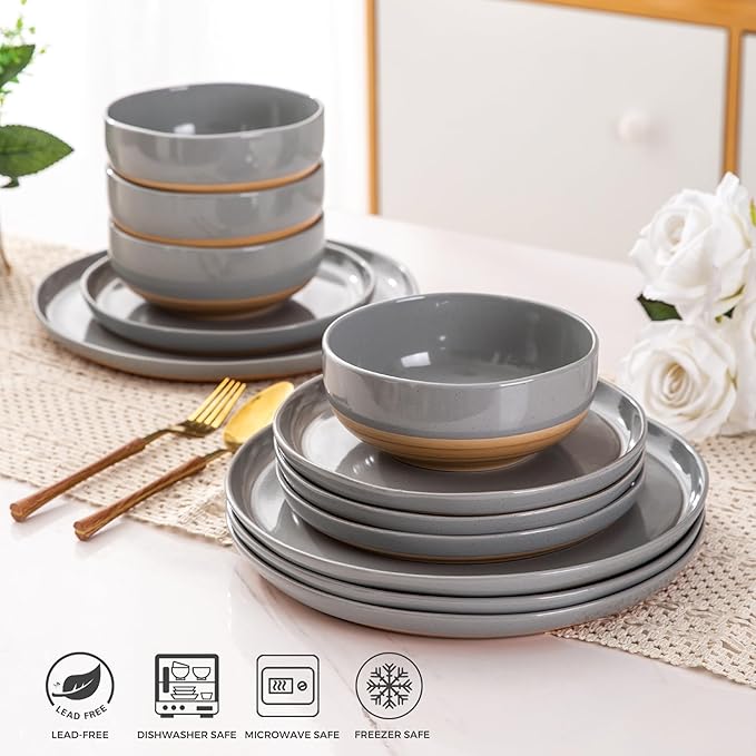 AmorArc Ceramic Dinnerware Sets for 6 18 Pieces Handpainted Plates and Bowls Set with Rustic Terracotta Underside Scratch Resistant Stoneware Dishes Set Dishwasher &amp Microwave Safe Gray