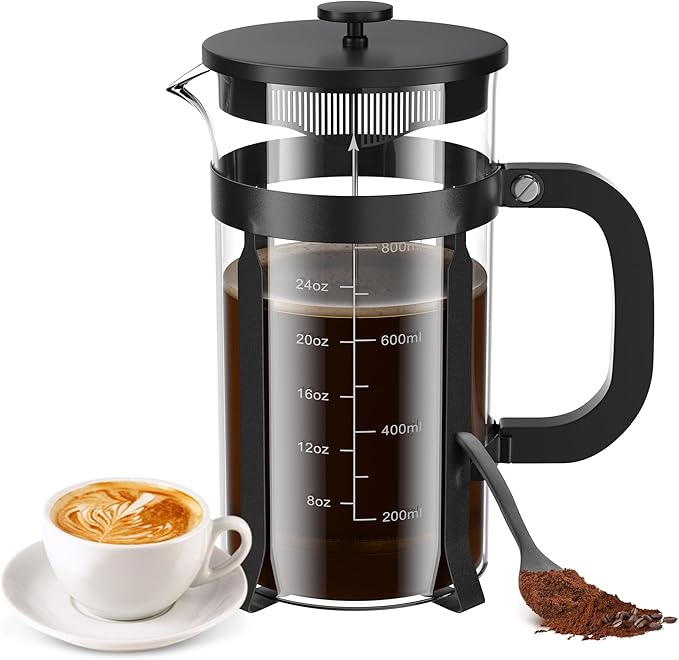 French Press Coffee Maker 34 Ounce 1 Liter Stainless Steel Cold Brew Heat Resistant Borosilicate Glass Espresso Coffee &amp Tea Maker with 4 Filter