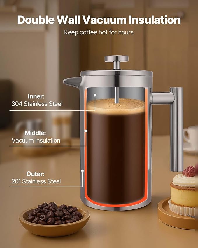 VEVOR French Press Coffee Maker 34 Ounce 1 Liter Stainless Steel Coffee Press Tea Maker with Filter Large Double Wall Insulated French Presses Cold Brew for Camping Travel Home Kitchen Silver