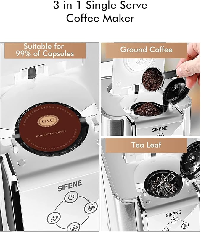 Single Serve Coffee Maker 3-in-1 Pod Ground Coffee &amp Loose Leaf Tea Brewer Fast Brew White Coffee Machine with 1.5L Water Tank Compact One Cup Coffee Maker for Home Office Travel