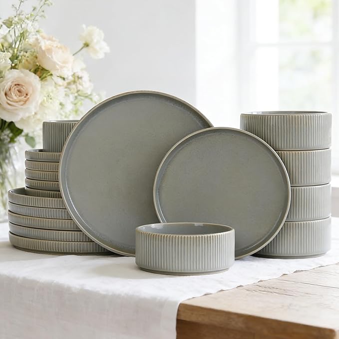 MONITO Ceramic Dinnerware Sets for 6 18PCS Stoneware Plates and Bowls Sets Reactive Glaze Dish Set Chip and Scratch Resistant Double Microwave and Dishwasher Safe Sage Mist