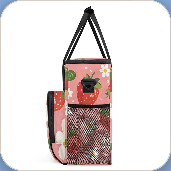 Flower Strawberry Coffee Maker Travel Bag for Keurig K-Mini/K-Mini Plus Insulated Waterproof Tote with Pockets for K-Cup Portable Single-Serve Brewer Case