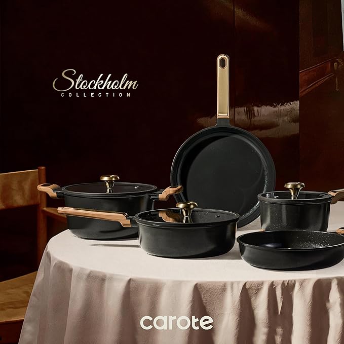 CAROTE Ceramic Cookware Set Nonstick 16pcs Pots and Pans Set Nonstick Non-Toxic &amp PFAS-Free Dishwasher RV/Camping Cookware Set Cooking Pots with Lids Charcoal Black