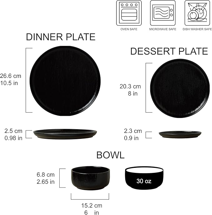 Joseph Sedgh Collection “Ari 12-piece Stoneware Dinnerware Set with Protective Glaze Finish Service for 4 Matt Black