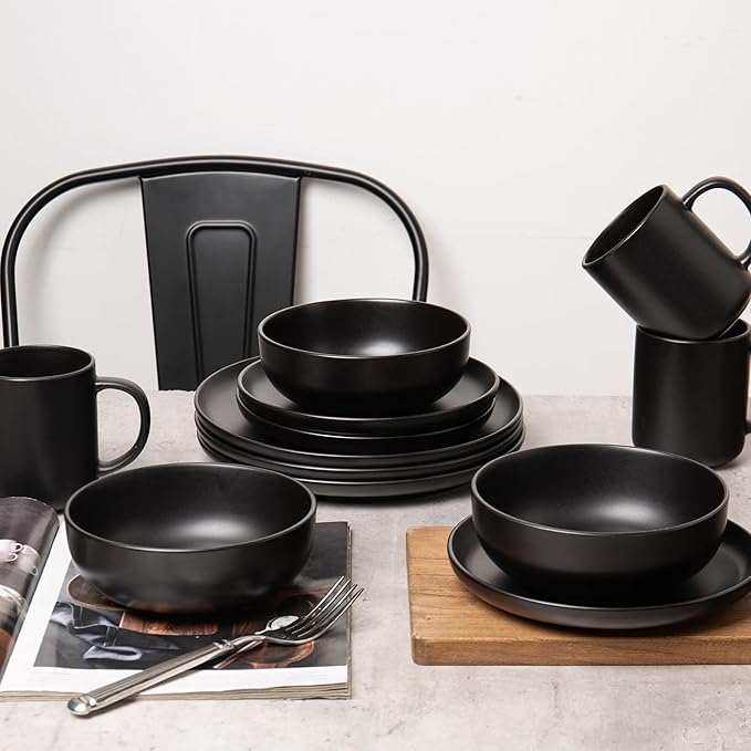 12-Piece Stoneware Dinnerware Set with Mugs | Microwave and Dishwasher Friendly | Stackable Matte Glaze Plates &amp Bowls | Service for 3 (Black for 3)