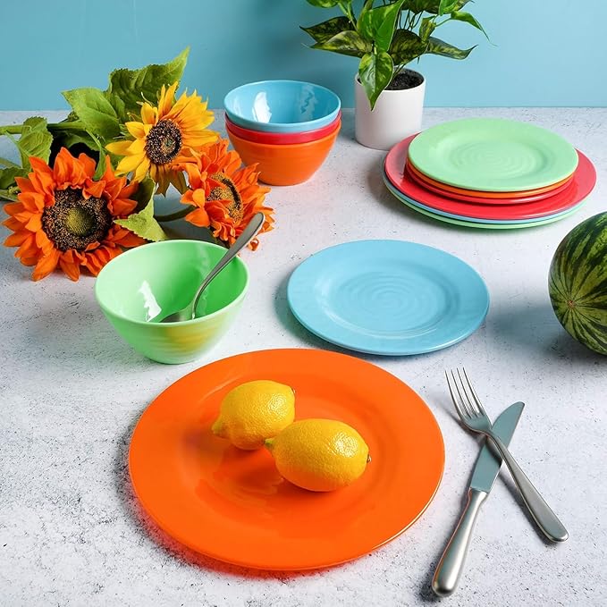 Vibrant 12-Piece Melamine Dinnerware Set – Colorful &amp Durable Plates and Bowls for Indoor &amp Outdoor Dining