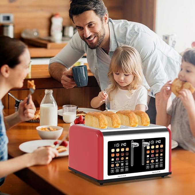 4 Slice Toaster Touch Screen Stainless Steel Toasters Digital Timer Dual Control Panel Toasters 8 Shade Settings 6 Bread Types for Bagel Cancel Defrost 1650W Red