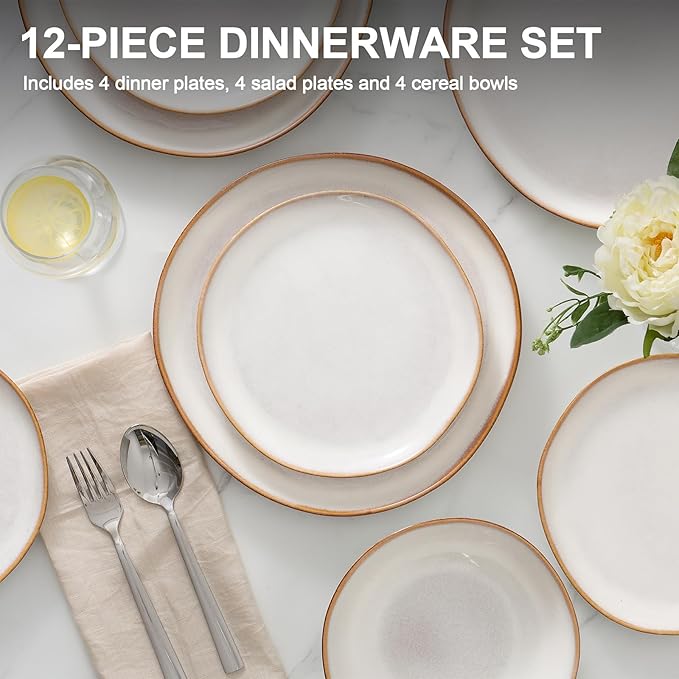 Vesteel Dinnerware Set for 4 12 Pieces Premium Stoneware Plates and Bowls Set Handmade Reactive Glaze Dishes for Home Chip &amp Scratch Resistant Microwave and Dishwasher Safe - Pearl White