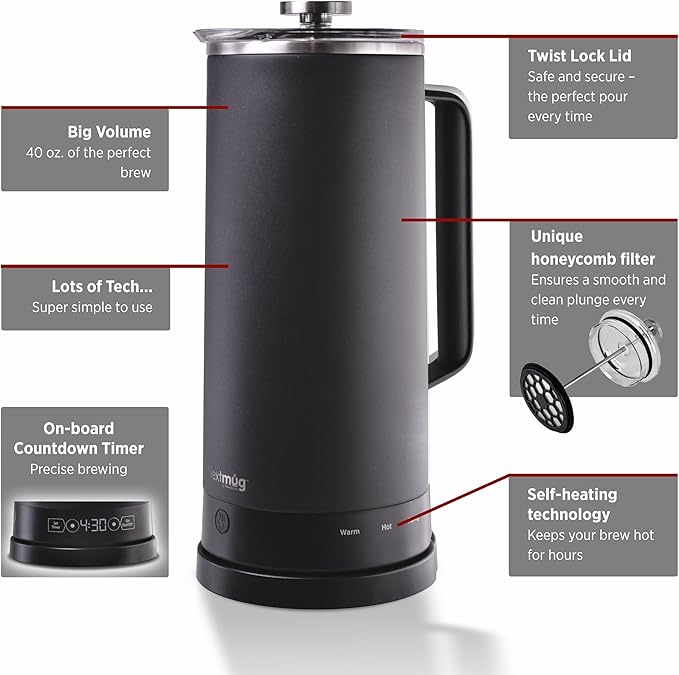 Nextmug Press - Temperature-Controlled Self-Heating French Press (Black - 40 oz.)
