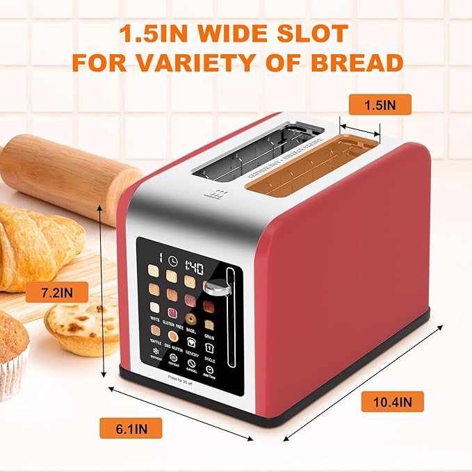 2 Slice Toaster Touch Screen Stainless Steel Toasters Digital Timer 2 Slot Toasters 8 Shade Settings 6 Bread Types for Bagel Cancel Defrost (Red)