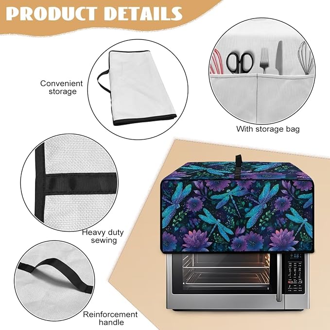 Dragonfly Floral Print Toaster Oven Cover for Kitchen Counter Decorative Washable Smart Microwave Oven Protector Dustproof Stain Resistant Bread Maker Cover Blue and Purple
