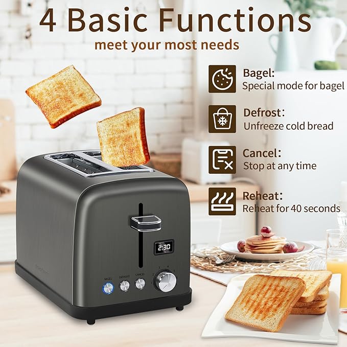 SEEDEEM Toaster 2 Slice LCD Display 7 Shade Settings 1.4'' Wide Slots Stainless Steel Digital Toaster for Bagel Defrost Reheat Removable Crumb Tray 900W Grey