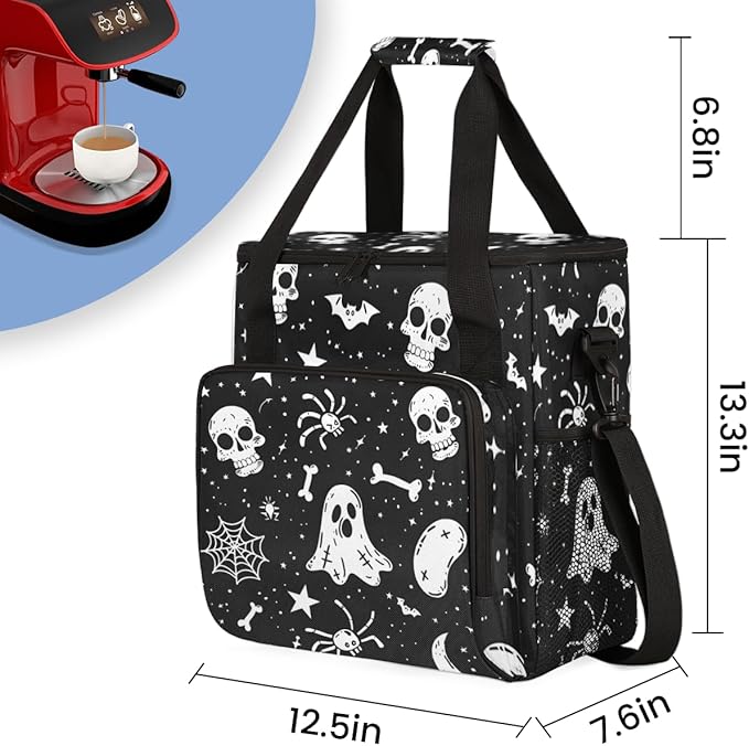 Ghosts Spiders Pumpkins Coffee Maker Carrying Bag Travel Storage Bag Compatible with K-Mini or K-Mini Plus Single Serve Coffee Brewer Carrying Case with Multiple Pockets &amp Shoulder Strap