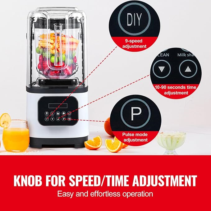 Happybuy Professional Blender with Shield Commercial Countertop Blender 68oz Plastic Jar Stainless Steel 9 Speed &amp 5 Functions for Shakes Smoothies Puree &amp Ice Crushing White