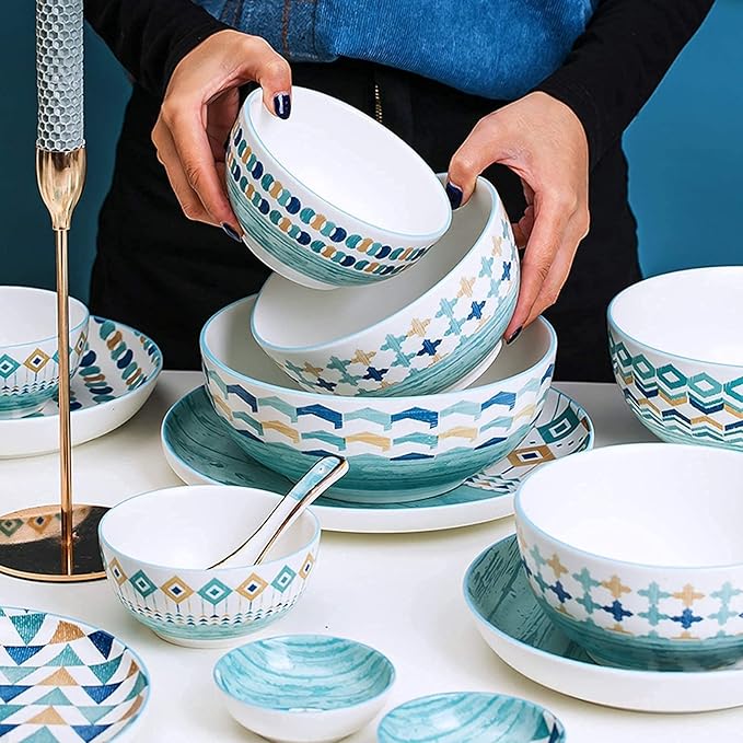 High-End Dinner SetCeramics Dinner Sets Blue Geometric Patterns Porcelain Dinnerware Set of 42 | Cereal Bowl and Steak Plate Set for Housewarming Gift