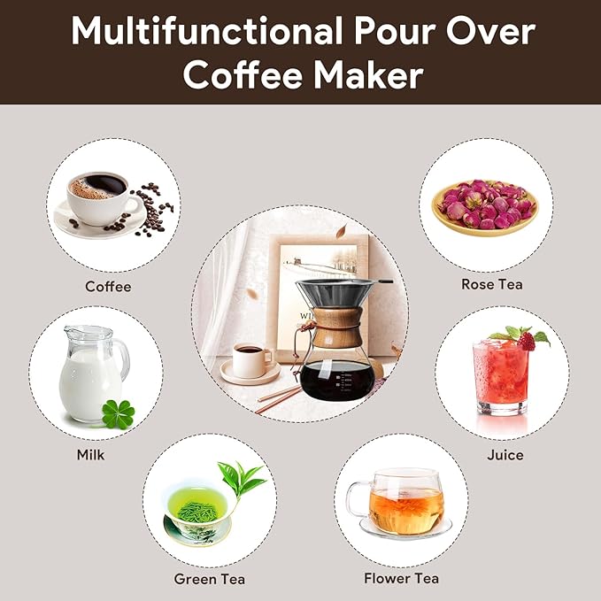 Wood Neck Pour Over Coffee Maker with Stainless Steel Filter 800ml(27oz) Glass Coffee Pot Drip Coffee Brewer for Home Cafe Camping Gift - Permanent Reusable Filter No Paper Needed(800ml)
