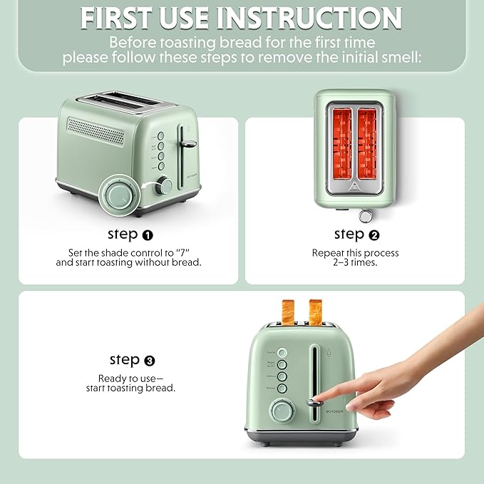 BUYDEEM DT620 2-Slice Toaster Extra Wide Slots Retro Stainless Steel with High Lift Lever Bagel and Muffin Function Removal Crumb Tray 7-Shade SettingsCozy Greenish
