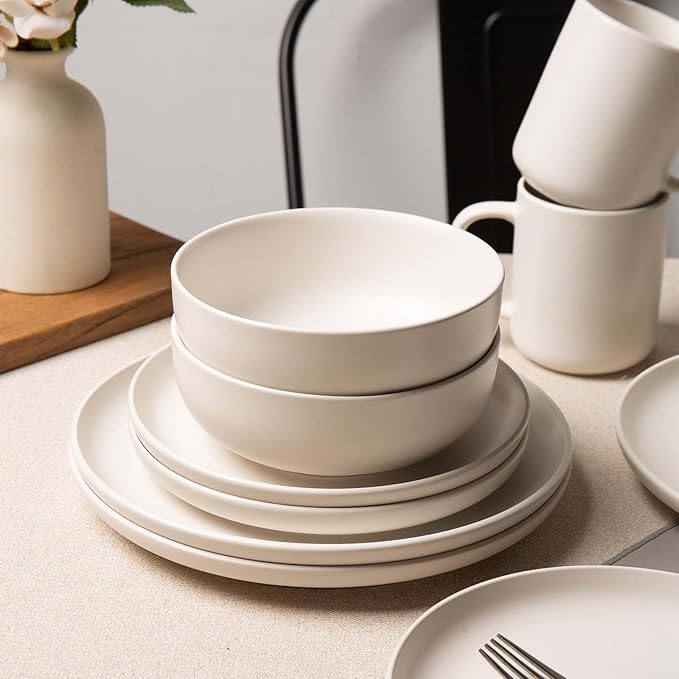 Plates and Bowls Sets 12 Pieces Stoneware Dinnerware Sets with Mugs Stackable Matte Glaze Kitchen Stoneware Plates and Bowls Set for 3 Microwave and Dishwasher Safe(White)