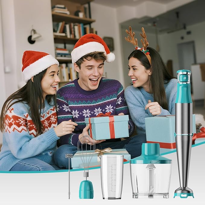 Immersion Blender Handheld Corded Hand Blenders Set 1100W Trigger Variable Speed 5 in 1 Stick Emulsifier with Chopper Whisk and Frother for Soup Baby Food and Smoothies Cyan Blue