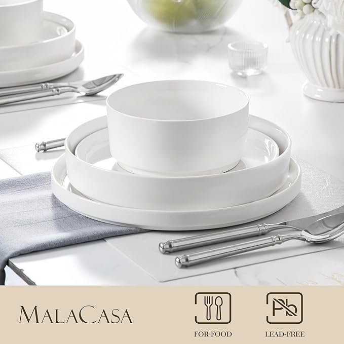 MALACASA 24 Pieces Porcelain Dinnerware Set Bundles 8.85 Large Pasta Bowls Set of 6