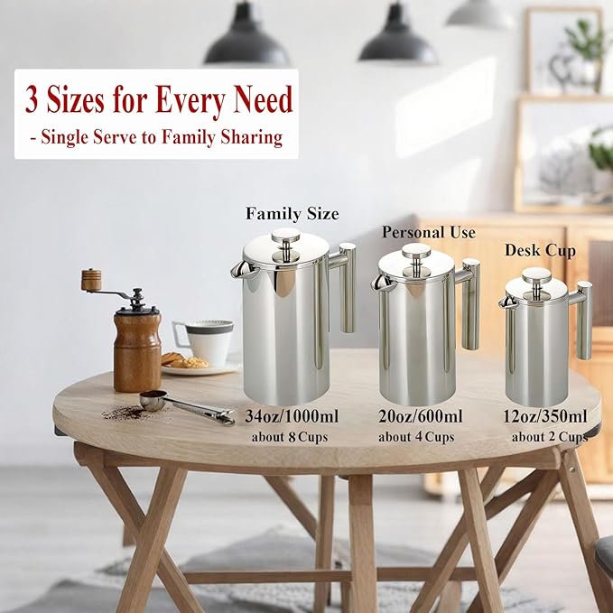 Stainless Steel French Press Coffee Maker - Portable Cafetiere 3 Cup Espresso Coffee Press - Double Wall Insulated Triple Mesh Filter - Perfect for Home Office Camping &amp Travel (20 Oz)