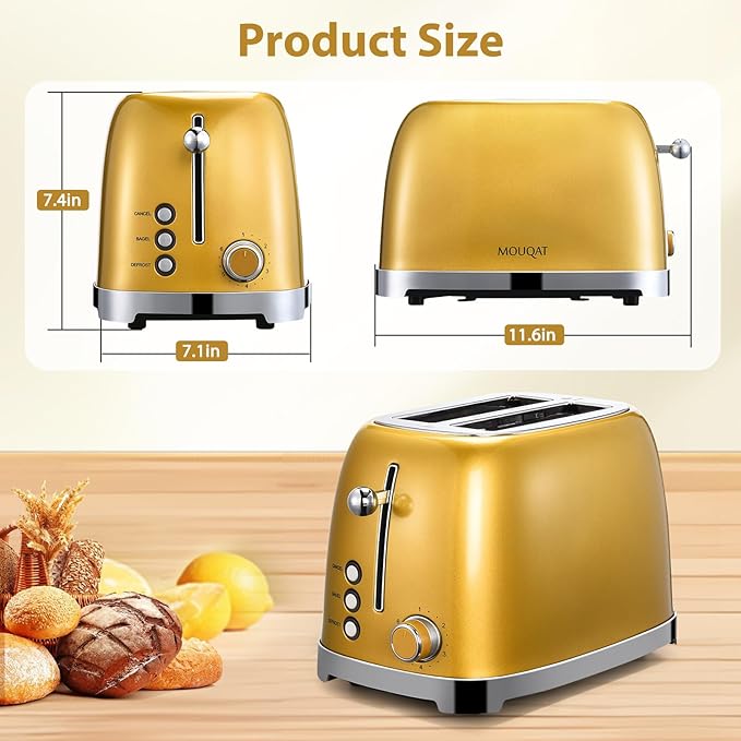 Gold 2 Slice Toaster Wide Slot Stainless Steel 6 Shade Settings Bagel Defrost &amp Cancel Functions Removable Crumb Tray Different Toast Sizes Cord Wrap 825w