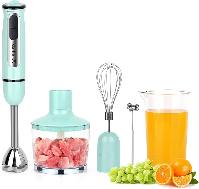 Immersion Hand Blender ISILER 5-in-1 500-Watt Multi-Purpose Stick Blender with 860ml Food Chopper 600ml Container Milk Frother Egg Whisk 8-Speed for Puree Infant Food Smoothies Soups