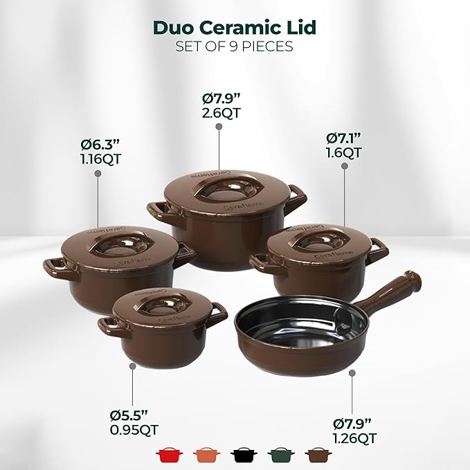 Pure Ceramic Healthy Non Toxic Cookware Set - Oven Safe Up to 1200F Microwave and Dishwasher Safe Longlasting and Lightweight - PFAS PTFE PFOA PFOS - Cocoa Brown