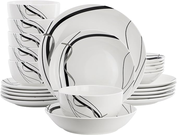 Elama Sarah 24 Piece Porcelain Black Ribbon Double Bowl Dinnerware Set Service for 6 in White and Black