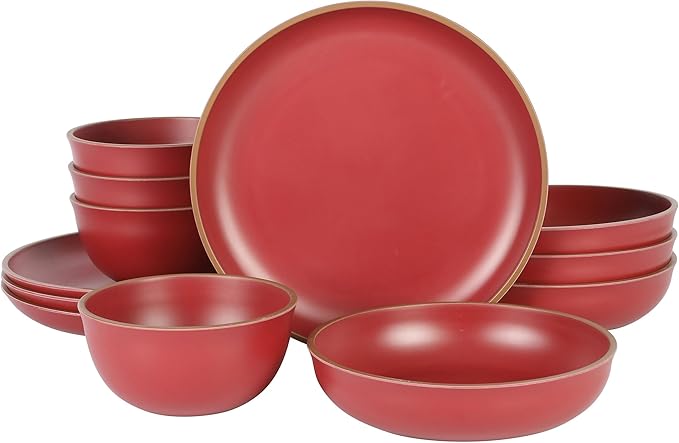 12 Piece Double Bowl Dinnerware Set Red Solid Casual Round