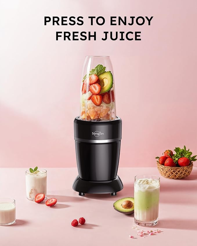 Sangcon 1000W Smoothie Blender for Kitchen Blenders for Smoothies with (3) Cups (2) Spout Covers (1) Storage Cap (1) To-Go Cap Portable Blender for Shakes Ice Crushing Frozen Drinks Spices