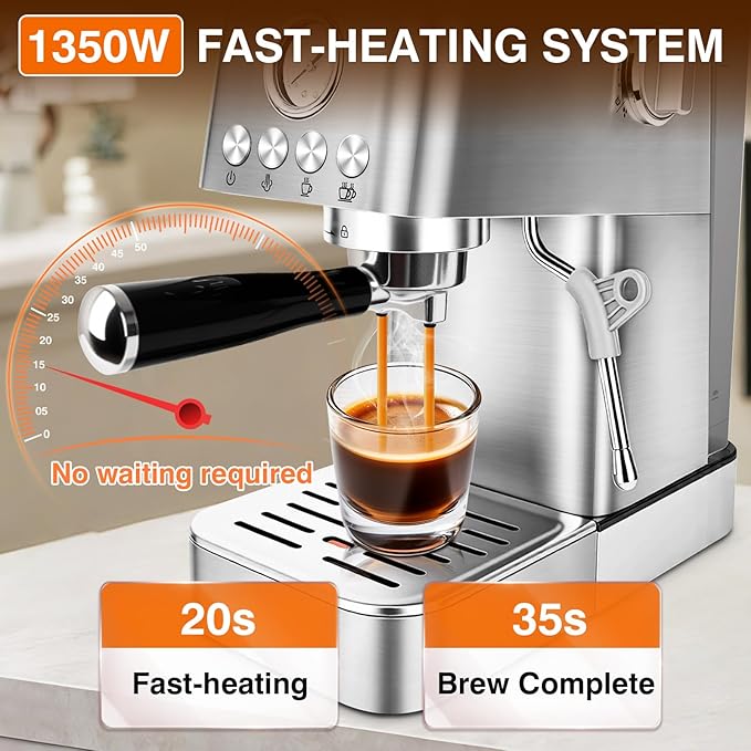 Sorgente 20 Bar Espresso Machine Stainless Steel Coffee Maker with Milk Frother 1350W Fast-Heating for Home Cappuccino &amp Latte Visible Pressure Gauge Silver
