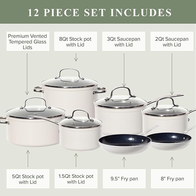 Nuwave Healthy Duralon Blue Ceramic Nonstick Cookware Set Diamond Infused Scratch-Resistant PFAS Free Dishwasher &amp Oven Safe Induction Ready &amp Evenly Heats Tempered Glass Lids &amp Stay-
