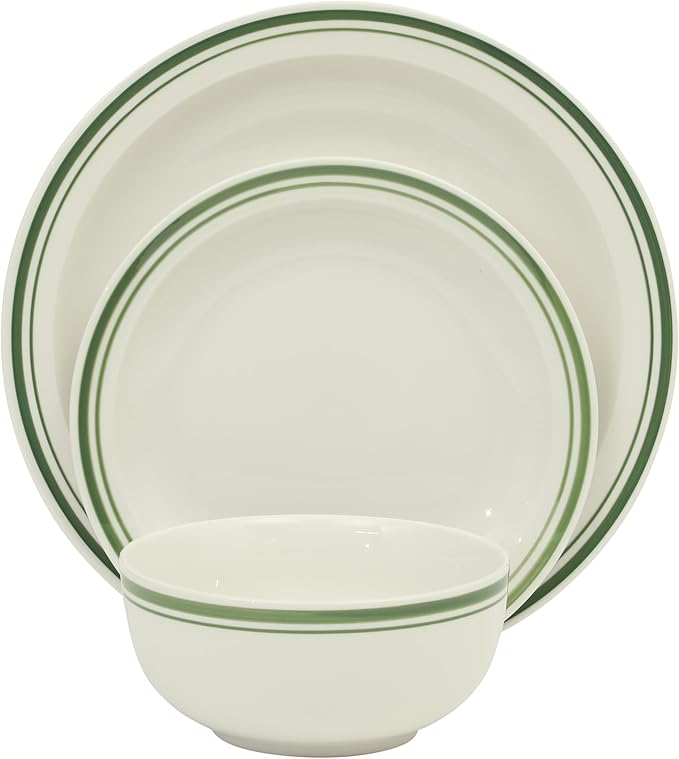 Gibson Home Hometown Diner 12-Piece Porcelain Dinnerware Set Round Plates and Bowls Set for 4 White with Green Rim Dishwasher Safe – Dinner Plate Salad Plate &amp Cereal Bowl