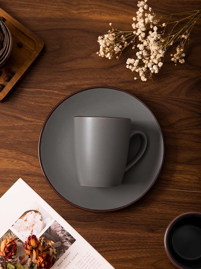Famiware Venus Plates and Bowls Sets with Coffee Mugs Set 18 Pieces Stoneware Dinnerware Sets Dark Gray