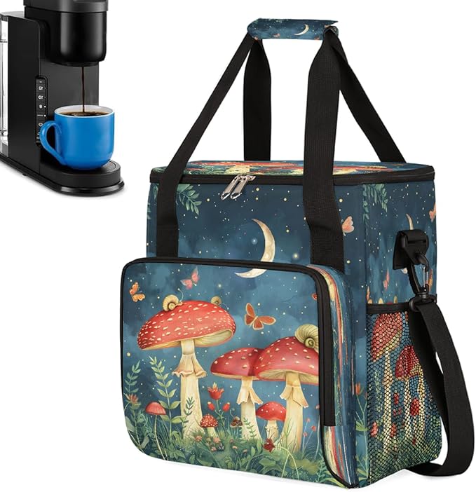 Mushroom Butterfly Moon Coffee Maker Carring Bag Travel Carrying Storage Tote Bag Compatible with Keurig K-Mini or K-Mini Plus Portable Single Serve Coffee Brewer Case with Pockets for K-cup Pods