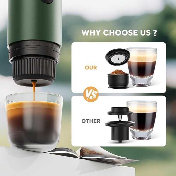 Portable Electric Espresso Machine Travel Coffee Maker for Camping Car Coffee Maker Self-Heating with USB-C 20 Bar Coffee Maker With Ground Coffee &amp NS Capsule for RV Hiking Office(Green)