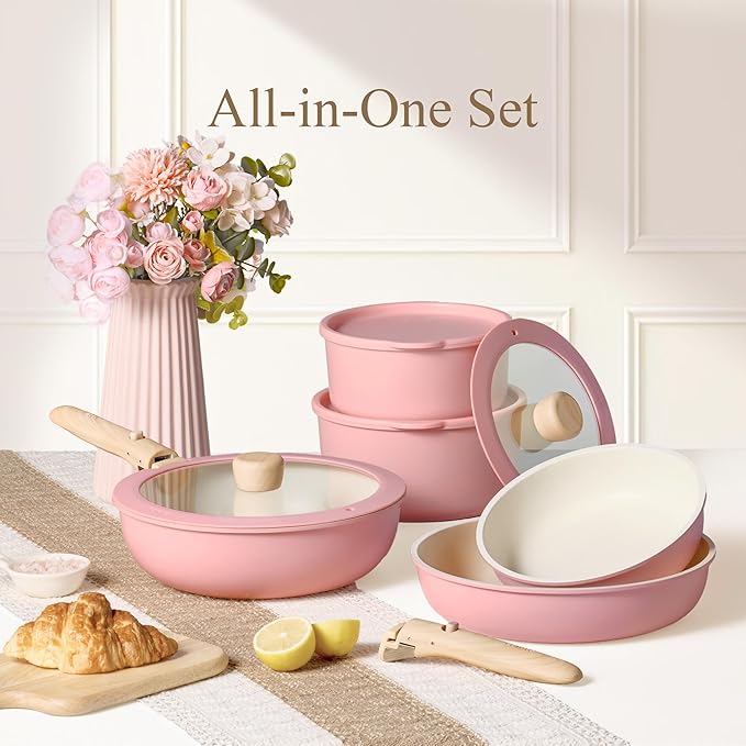 CAROTE Pots and Pans Set Nonstick Cookware Set Detachable Handle 19pcs Induction Kitchen Cookware Sets Non Stick with Removable Handle RV Cookware Set Oven Safe Pink
