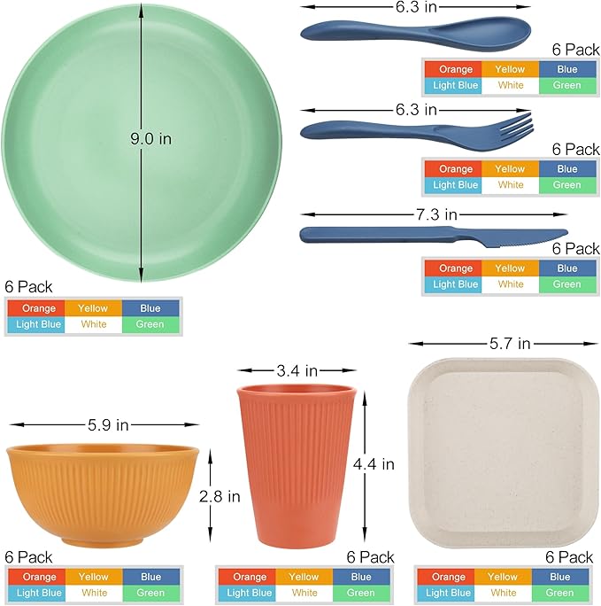 42-Piece Plates and Bowls Sets Wheat Straw Dinnerware Sets Service for 6 Unbreakable Dishwasher Microwave Safe Dishes Set Cups Sets Dinner Plates and Bowls Set for Kitchen