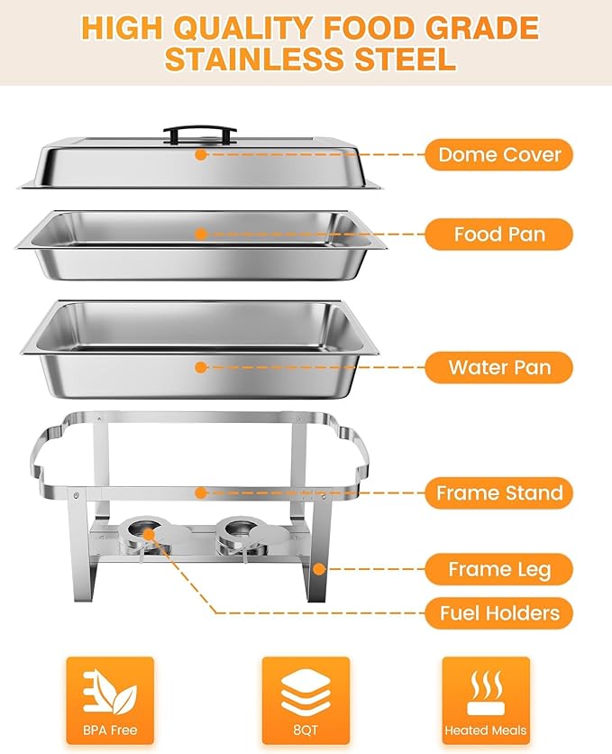 Catering Chafing Dish Set – 8QT Rectangular Stainless Steel Buffet Food Warmers – Includes Water Pan &amp Fuel Holders – Portable for Events Parties Banquets – 4-Pack Four-piece Set