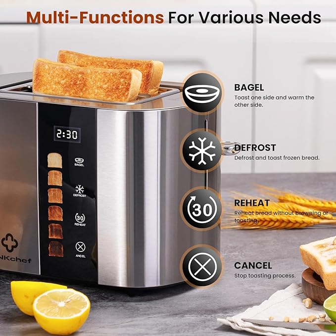 LINKChef 2 Slice Toaster Extra-Wide 1.5 Slots Touch Screen Control | Stainless Steel Bagel/Defrost/Reheat Functions